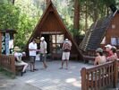 A group going whitewater rafting are getting their permit at the permit office at Corn Creek