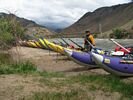 Catarafts lined up in a row at Flying B Ranch, Middle Fork Salmon, Idaho