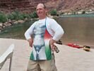 A man wearing an apron with a picture of Michael Angelo’s David on it